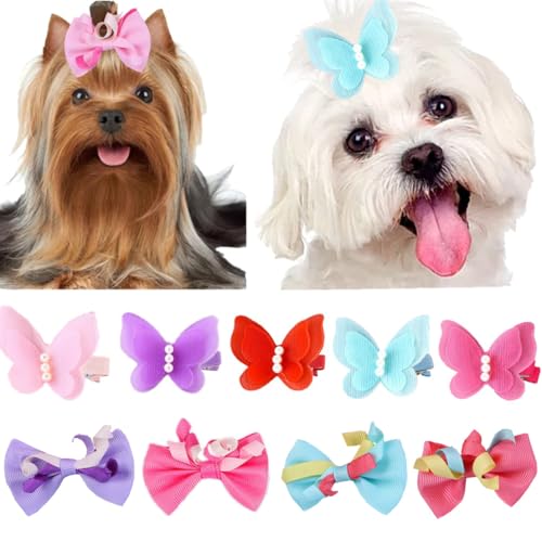 cuhair Niedliche, handgefertigte Hunde-Haarspangen mit Schleifen, rutschfeste Chiffon-Schmetterlings-Haarspangen für Welpen, den täglichen Gebrauch, Katzen, Haustiere, Party-Zubehör, 10 Stück von cuhair