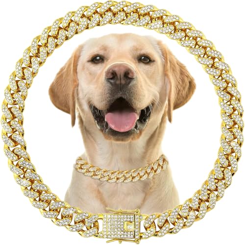 Goldfarbene Hundekette mit Glitzer, glitzerndes Diamant-Metall, kubanische Glieder-Hundehalsbänder, Strass-Glitzer, Welpen-Halskette für kleine, mittelgroße und große Haustiere, Hunde und Katzen, 50,8 Goldfarbene Hundekette mit Glitzer, glitzerndes Diamant-Metall, kubanische Glieder-Hundehalsbänder, Strass-Glitzer, Welpen-Halskette für kleine, mittelgroße und große Haustiere, Hunde und Katzen, 50,8 von cyhaen