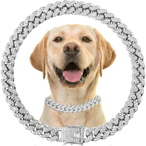 Silberfarbenes Hundehalsband mit Glitzer, glitzernden Diamanten, Metall, kubanische Glieder-Hundehalsbänder, Strass-Halskette für kleine, mittelgroße und große Haustiere, Hunde und Katzen, 45,7 cm Silberfarbenes Hundehalsband mit Glitzer, glitzernden Diamanten, Metall, kubanische Glieder-Hundehalsbänder, Strass-Halskette für kleine, mittelgroße und große Haustiere, Hunde und Katzen, 45,7 cm von cyhaen