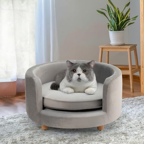 dCee Rundes Hundesofa – Katzen-Couch, hält bis zu 22,7 kg, 61 cm. Weiche, samtige Haustiercouch für bequemen Schlaf, Gelenkunterstützung, Dunkelgrau von dCee