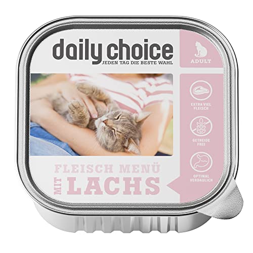 daily choice - 12 x 100 g (Schale) - Nassfutter für Katzen - getreidefrei - Fleischmenü mit Lachs - Hoher Fleischanteil (70%) Pures Fleisch und Innereien von daily choice