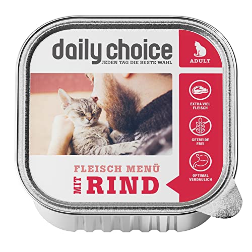 daily choice - 12 x 100 g (Schale) - Nassfutter für Katzen - getreidefrei - Fleischmenü mit Rind - Hoher Fleischanteil (70%) Pures Fleisch und Innereien von daily choice