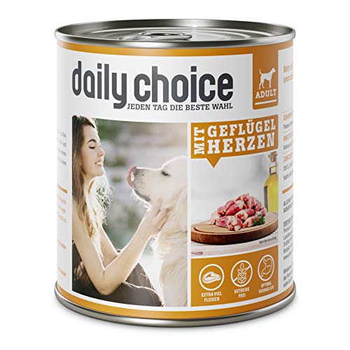 daily choice - 12 x 800 g - Nassfutter für Hunde - getreidefrei - Mit Geflügelherzen - 70% Frischfleisch- und Innereienanteil Optimale Verträglichkeit von daily choice