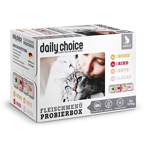 daily choice - 6 x 100 g (Schale) - Nassfutter für Katzen - getreidefrei - Fleischmenü Mix - Hoher Fleischanteil (70%) Pures Fleisch und Innereien von daily choice
