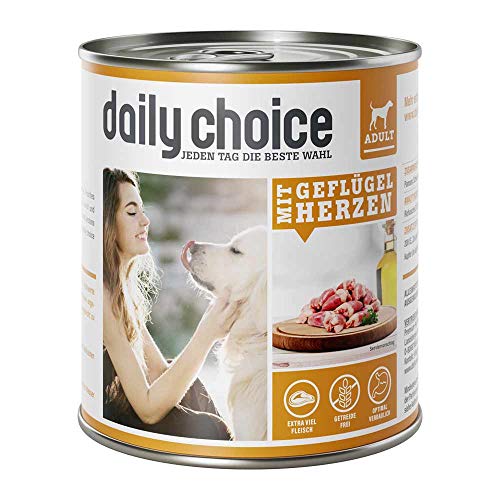 daily choice - 6 x 800 g - Nassfutter für Hunde - getreidefrei - Mit Geflügelherzen - 70% Frischfleisch- und Innereienanteil Optimale Verträglichkeit von daily choice