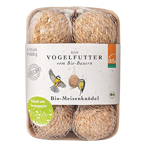 defu Wildvogelfutter | 1 x 600 g | Bio Meisenknödel 6 Stück in kompostierbaren Netzen | Ganzjähriges Wildvogelfutter für Weich- und Körnerfresser von defu