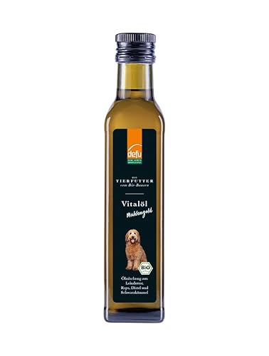 defu Futterzusatz | 1 x 250 ml | Premium Bio Vitalöl *Mühlengold* | Barf Öl | Mit Leindotteröl, Rapsöl, Distelöl und Schwarzkümmelöl, Omega3 und Omega6 Fettsäuren | Für Hunde jeden Alters von defu