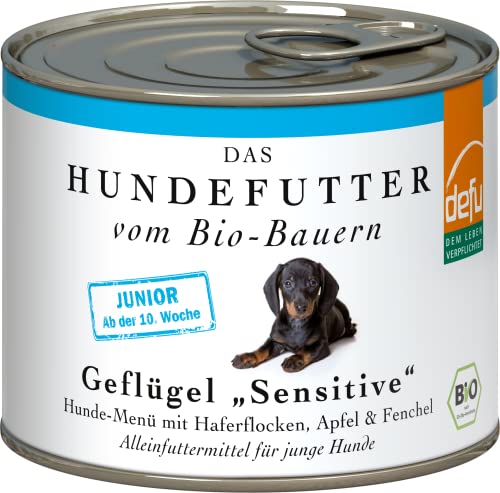 defu Hundefutter | 12 x 200 g | Junior Bio Geflügel Sensitive | Premium Bio Nassfutter Menü für Junge Hunde von defu