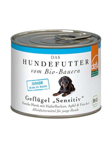 defu Hundefutter | 12 x 200 g | Junior Bio Geflügel Sensitive | Premium Bio Nassfutter Menü für Junge Hunde von defu