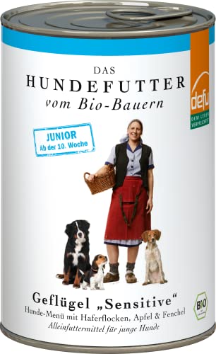 defu Hundefutter | 12 x 400 g | Junior Bio Geflügel Sensitive | Premium Bio Nassfutter Menü für Junge Hunde von defu