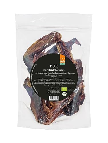 defu Hundesnack | 1 x 200 g | PUR Bio Entenflügel getrocknet | Natürlicher Premium Bio Kausnack für Hunde von defu