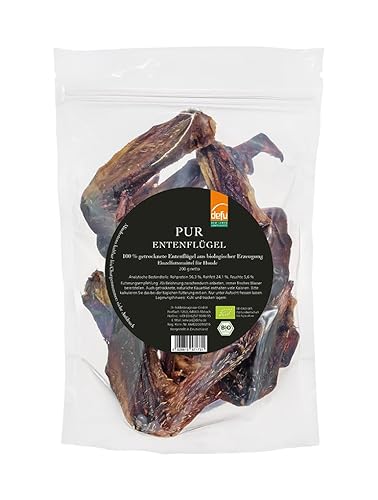 defu Hundesnack | 6 x 200 g | PUR Bio Entenflügel getrocknet | Natürlicher Premium Bio Kausnack für Hunde von defu