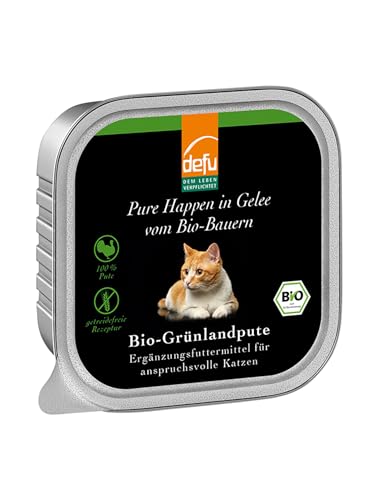 defu Katzenfutter | 16 x 100 g | Bio Grünlandpute Pure Happen in Gelee | Premium Bio Ergänzungsfuttermittel für Katzen von defu
