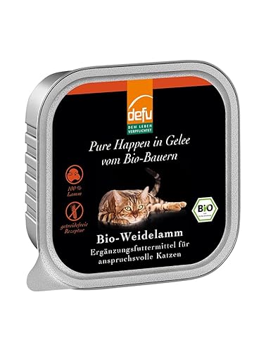 defu Katzenfutter | 16 x 100 g | Bio Weidelamm Pure Happen in Gelee | Premium Bio Ergänzungsfuttermittel für Katzen von defu