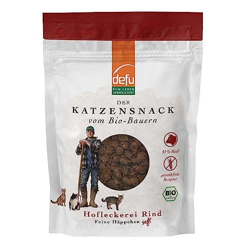 defu Katzensnack | 1 x 80 g | Hofleckerei Feine Häppchen Soft Bio Rind | Premium getreidefrei Bio Snack für Katzen von defu