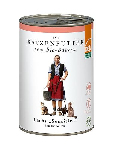 defu Katzenfutter | 12 x 410 g | Pate Bio Lachs Sensitive | Alleinfuttermittel Premium Bio Nassfutter für Katzen von defu