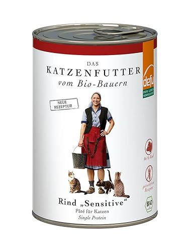 defu Katzenfutter | 12 x 410 g | Pate Bio Rind Sensitive | Premium Bio Alleinfuttermittel nass für Katzen von defu