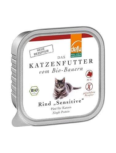 defu Katzenfutter | 16 x 100 g | Pate Bio Rind Sensitive | Premium Bio Alleinfuttermittel nass für Katzen von defu
