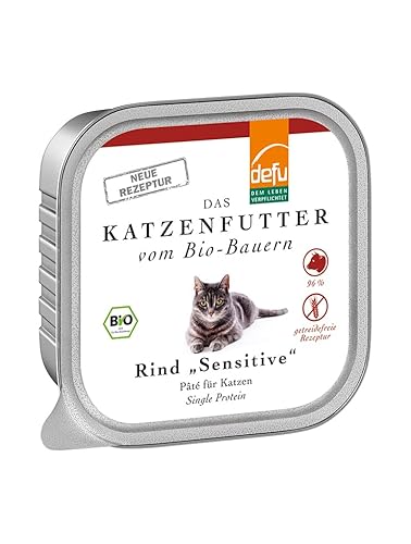 defu Katzenfutter | 16 x 100 g | Pate Bio Rind Sensitive | Premium Bio Alleinfuttermittel nass für Katzen von defu