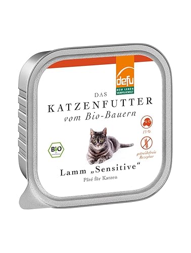 defu Katzenfutter | 16 x 100 g | Pate Bio Lamm Sensitive | Alleinfuttermittel Premium Bio Nassfutter für Katzen von defu