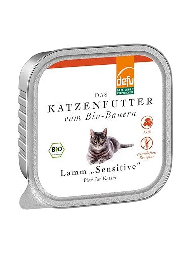 defu Katzenfutter | 16 x 100 g | Pate Bio Lamm Sensitive | Alleinfuttermittel Premium Bio Nassfutter für Katzen von defu