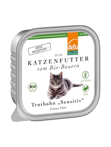 defu Katzenfutter | 16 x 100 g | Pate Bio Truthahn Sensitive | Alleinfuttermittel Premium Bio Nassfutter für Katzen von defu