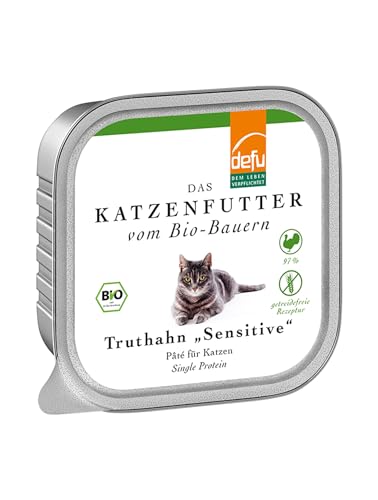 defu Katzenfutter | 16 x 100 g | Pate Bio Truthahn Sensitive | Alleinfuttermittel Premium Bio Nassfutter für Katzen von defu