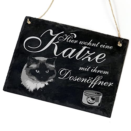 Schiefertafel Katze Deko Schild - Birmakatze - Hier wohnt eine Katze mit ihrem Dosenöffner 22 x 16 cm Katzen Dekoration Zubehör Katzendeko von dekolando