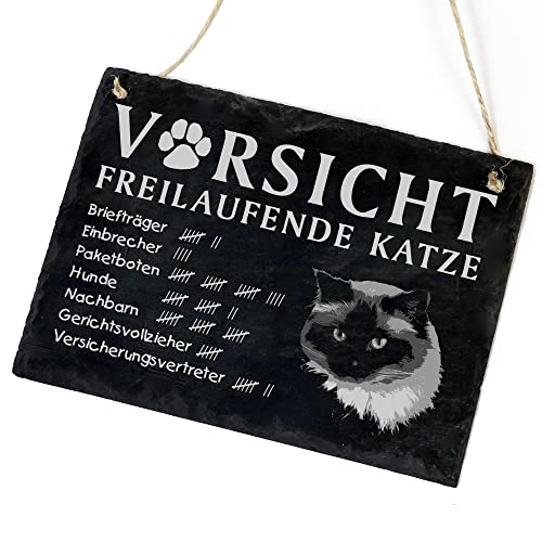 Schiefertafel Katze Deko Schild - Birmakatze - Vorsicht freilaufende Katze 22 x 16 cm Katzen Dekoration Zubehör Katzendeko von dekolando