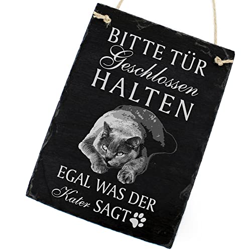 Schiefertafel Katze Deko Schild - Britisch Kurzhaar - Bitte Tür geschlossen halten, egal was der Kater SAGT 16 x 22 cm Katzen Dekoration Zubehör Katzendeko von dekolando