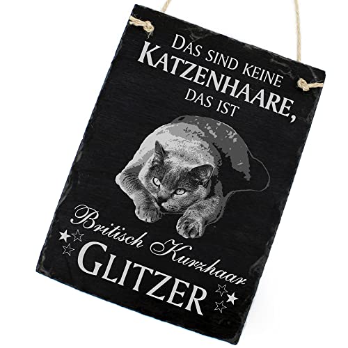 Schiefertafel Katze Deko Schild - Britisch Kurzhaar - Das sind Keine Katzenhaare, das ist Britisch Kurzhaar Glitzer 16 x 22 cm Katzen Dekoration Zubehör Katzendeko von DEKOLANDO