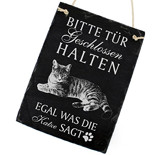 Schiefertafel Katze Deko Schild - Europäisch Kurzhaar - Bitte Tür geschlossen halten, egal was die Katze SAGT 16 x 22 cm Katzen Dekoration Zubehör Katzendeko von DEKOLANDO
