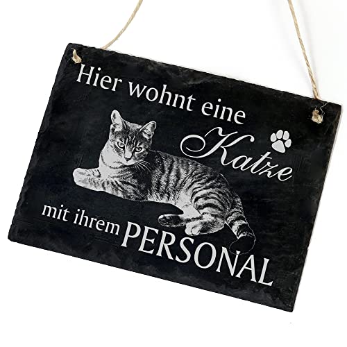 Schiefertafel Katze Deko Schild - Europäisch Kurzhaar - Hier wohnt eine Katze mit ihrem Personal 22 x 16 cm Katzen Dekoration Zubehör Katzendeko von DEKOLANDO