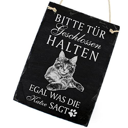 Schiefertafel Katze Deko Schild - Maine Coon - Bitte Tür geschlossen halten, egal was die Katze SAGT 16 x 22 cm Katzen Dekoration Zubehör Katzendeko von dekolando