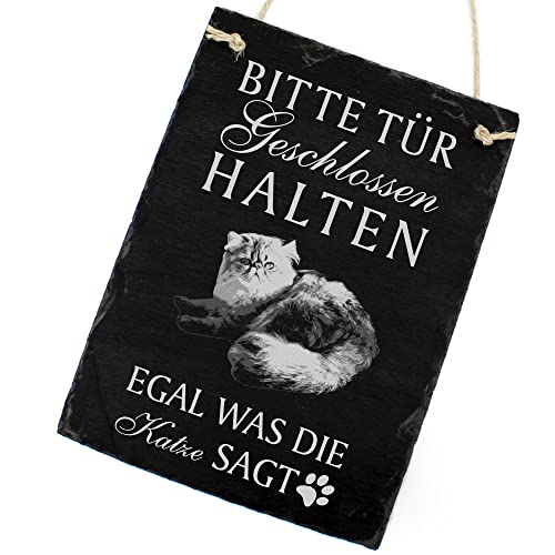 DEKOLANDO Schiefertafel Katze Deko Schild - Perser - Bitte Tür geschlossen halten, egal was die Katze SAGT 16 x 22 cm Katzen Dekoration Zubehör Katzendeko von DEKOLANDO