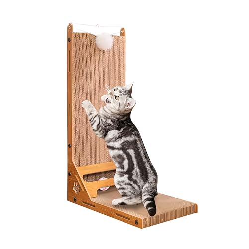 dellyy Katzenkratzbretter, 60cm Kratzpappe für Katzen l Förmig, Katzen Kratzbrett, Kratzbrett Katze mit Ballspielzeug und Klingelkugeln,für Wand und Ecke Möbel retten von dellyy