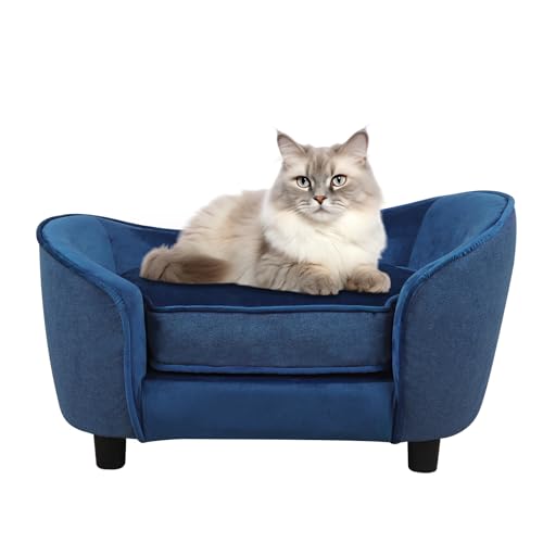 dgbaobei Haustier-Sofa, Samt-Holzrahmen, Couch mit Kunststoff-Sofa, Bettfüßen für kleine Hunde, Katzen (66,2 x 40,6 x 37,8 cm) (blau) von dgbaobei