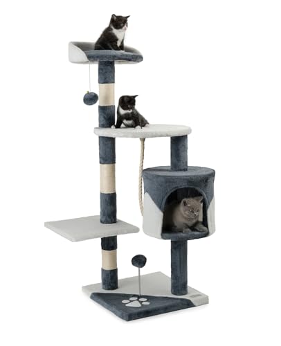 lionto Kratzbaum für Katzen mit 2 Plüschbällen & Spielseil, Höhe 112 cm, Katzenbaum mit Sisalseil & Plüsch, gemütliche Liegefläche & Höhle, inkl. Wandhalterung, für kleine & große Katzen, grau/weiß von lionto