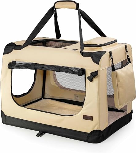 lionto Hundetransportbox faltbar für Reise & Auto, 50x34x36 cm, stabile Transportbox mit Tragegriffen & Decke für Katzen & Hunde bis 10 kg, robuste Hundebox aus Stoff für klein & groß, beige von lionto