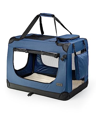 lionto Hundetransportbox faltbar für Reise & Auto, 70x52x50 cm, stabile Transportbox mit Tragegriffen & Decke für Katzen & Hunde bis 15 kg, robuste Hundebox aus Stoff für klein & groß, dunkelblau von lionto