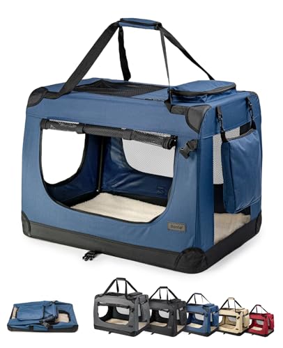 lionto Hundetransportbox faltbar für Reise & Auto, 50x34x36 cm, stabile Transportbox mit Tragegriffen & Decke für Katzen & Hunde bis 10 kg, robuste Hundebox aus Stoff für klein & groß, dunkelblau von lionto