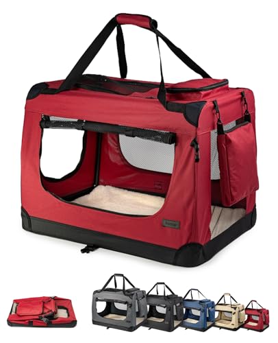 lionto Hundetransportbox faltbar für Reise & Auto, 70x52x50 cm, stabile Transportbox mit Tragegriffen & Decke für Katzen & Hunde bis 15 kg, robuste Hundebox aus Stoff für klein & groß, dunkelrot von lionto