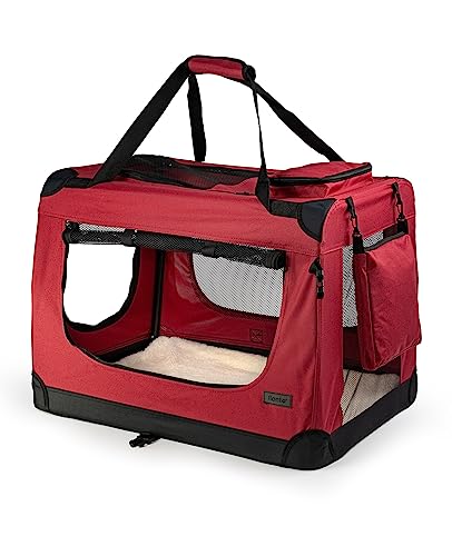 lionto Hundetransportbox faltbar für Reise & Auto, 50x34x36 cm, stabile Transportbox mit Tragegriffen & Decke für Katzen & Hunde bis 10 kg, robuste Hundebox aus Stoff für klein & groß, dunkelrot von lionto