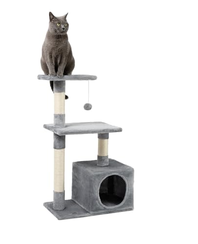 lionto Kratzbaum für Katzen mit Höhle und Plüschball inkl. Glöckchen, Höhe 85 cm, Katzenbaum mit Sisal & Plüsch, gemütliche Liegeflächen & Höhle, für kleine & große Katzen geeignet, hellgrau von lionto
