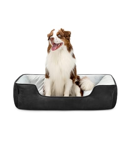 lionto Hundebett 2-in-1 mit komfortablem Einstieg, kuscheliges Heimtierbett zum Wenden für Hunde und Katzen, 110x80 cm, Hundekissen in pflegeleichter Wildlederoptik, schwarz/grau von lionto