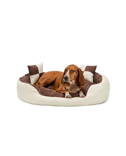 lionto Hundebett 4-in-1 mit Wendekissen aus robustem Oxford, 85x70 cm, Heimtierkissen Kratzfest mit tiefem Einstieg für Katzen und Hunde Aller Größen, inkl. Zierkissen, wasserabweisend, braun/beige von lionto