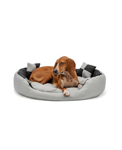 lionto Hundebett 4-in-1 mit Wendekissen aus robustem Oxford, 85x70 cm, Heimtierkissen Kratzfest mit tiefem Einstieg für Katzen und Hunde Aller Größen, inkl. Zierkissen, wasserabweisend, grau/schwarz von lionto