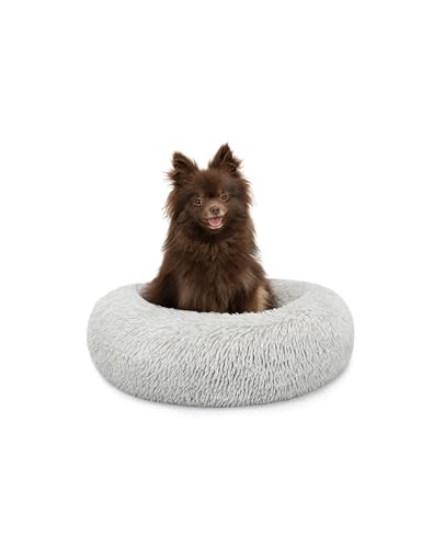 lionto Donutbett für Hunde und Katzen, Flauschiges Hundebett rund für kleine und große Heimtiere, Ø 40 cm, weiches Katzenbett aus kuscheligem Plüsch, Hundekissen mit extra Dicker Füllung, hellgrau von lionto