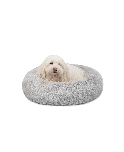 lionto Donutbett für Hunde und Katzen, Flauschiges Hundebett rund für kleine und große Heimtiere, Ø 50 cm, weiches Katzenbett aus kuscheligem Plüsch, Hundekissen mit extra Dicker Füllung, hellgrau von lionto