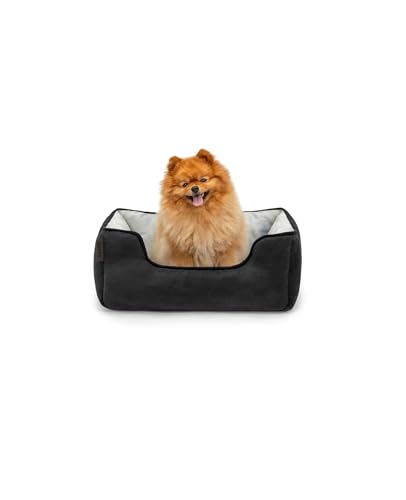 lionto Hundebett 2-in-1 mit komfortablem Einstieg, kuscheliges Heimtierbett zum Wenden für Hunde und Katzen, 60x50 cm, Hundekissen in pflegeleichter Wildlederoptik, schwarz/grau von lionto